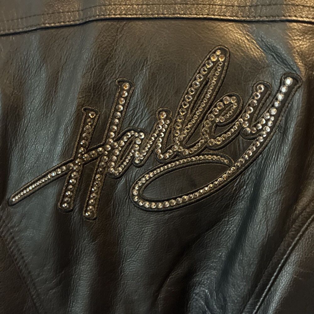 Harley Davidson Womens Medium Black Leather Rhinestone Jacket Moto Biker - Picture 7 of 12